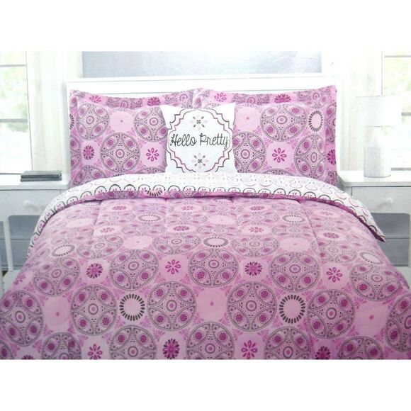 Reversible 3 Pc TWIN COMFORTER Pillow Set "Hello Pretty" Pink Floral Mandala $68 - Picture 1 of 6